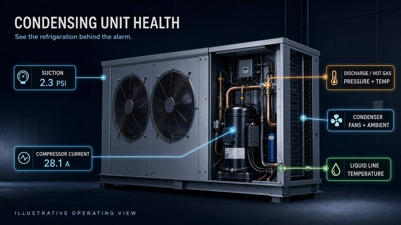 Industrial condensing unit with monitored refrigeration points highlighted