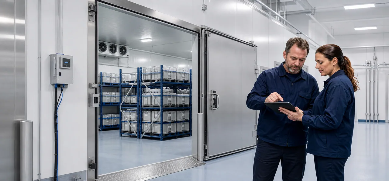 Facility professionals reviewing refrigeration information beside a bank of cold-storage equipment